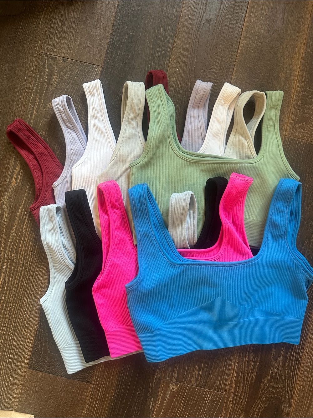 Lot of 9 Ribbed Sports Bras - Blue, Pink, Green & More